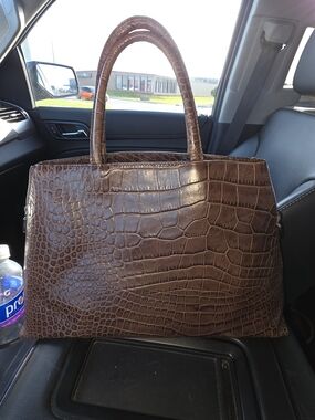 Structural Vintage Furla Brown Croc-Embossed Leather Satchel